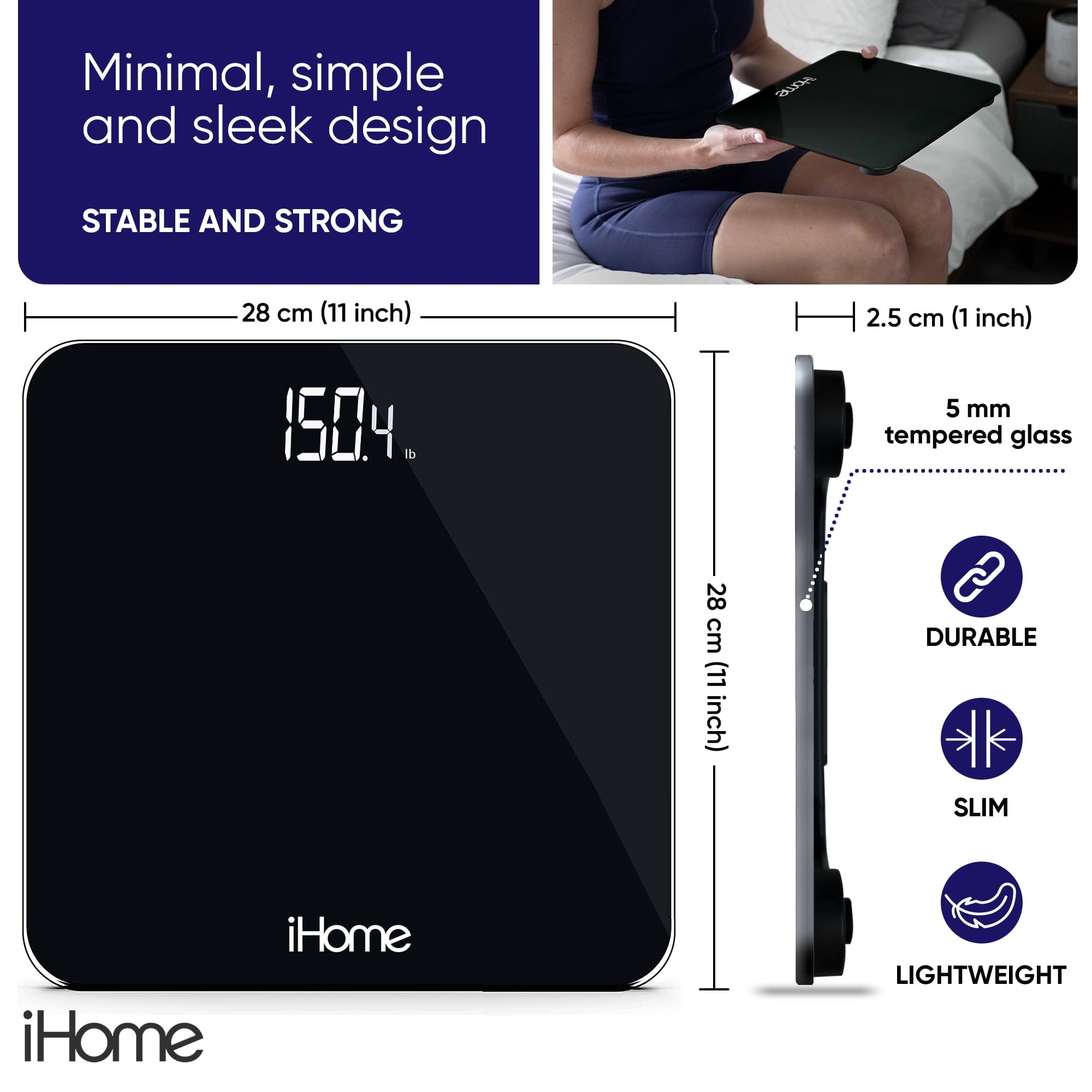 iHome Digital Battery Powered Bathroom Scale 397 lbs with Fit+ Personal Coach App, FSA and HSA Eligible, Black