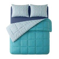Mainstays All in One Reversible Comforter and Sheet Set- 7 Piece, Queen, Blue Pinstripe