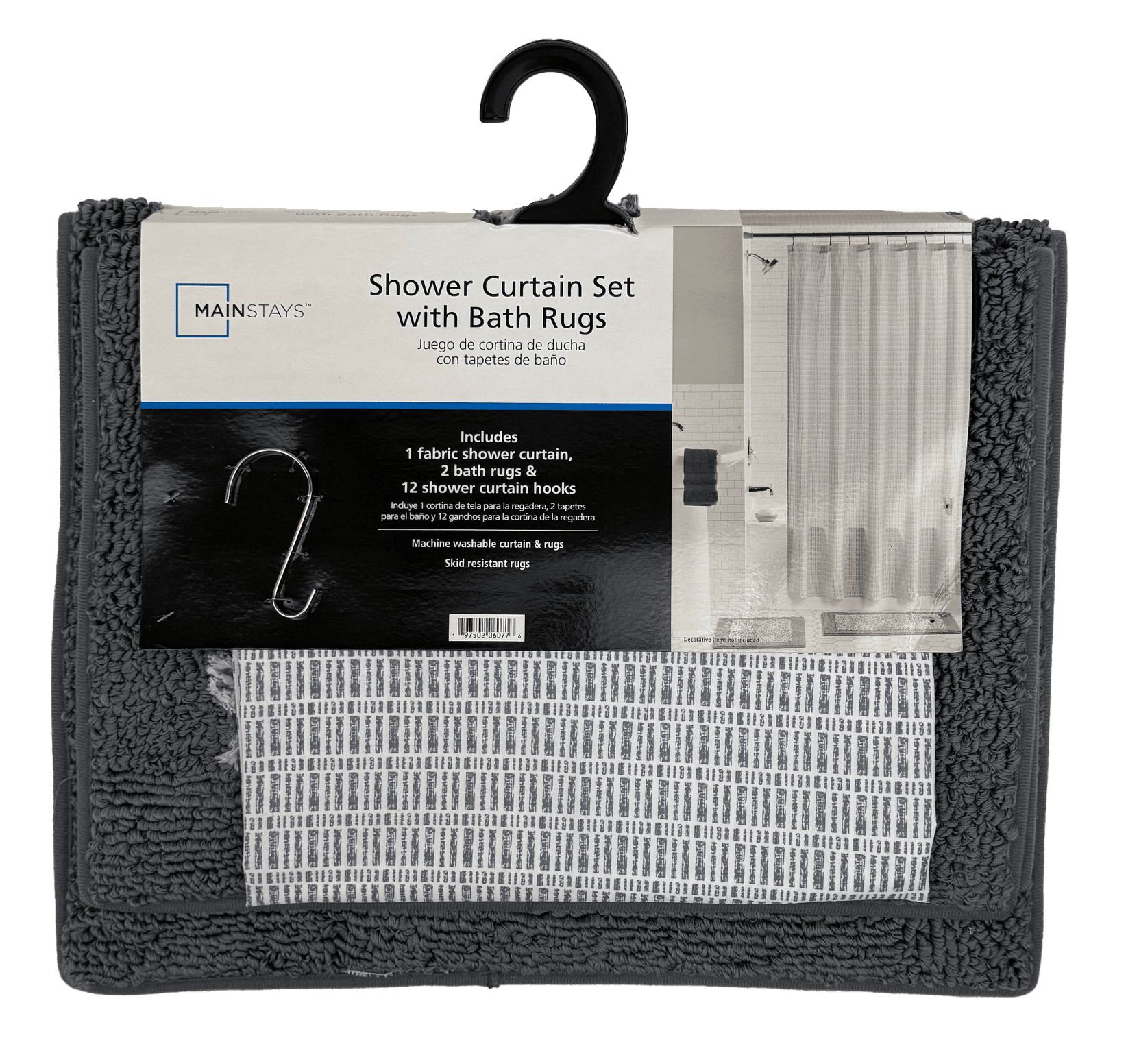 Mainstays 15-Piece Grey Blocks Bathroom Set – Geometric Shower Curtain, Bath Rugs & Hooks, Modern Washable Design