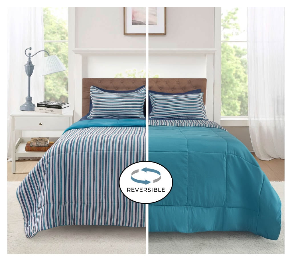 Mainstays All in One Reversible Comforter and Sheet Set- 7 Piece, Queen, Blue Pinstripe