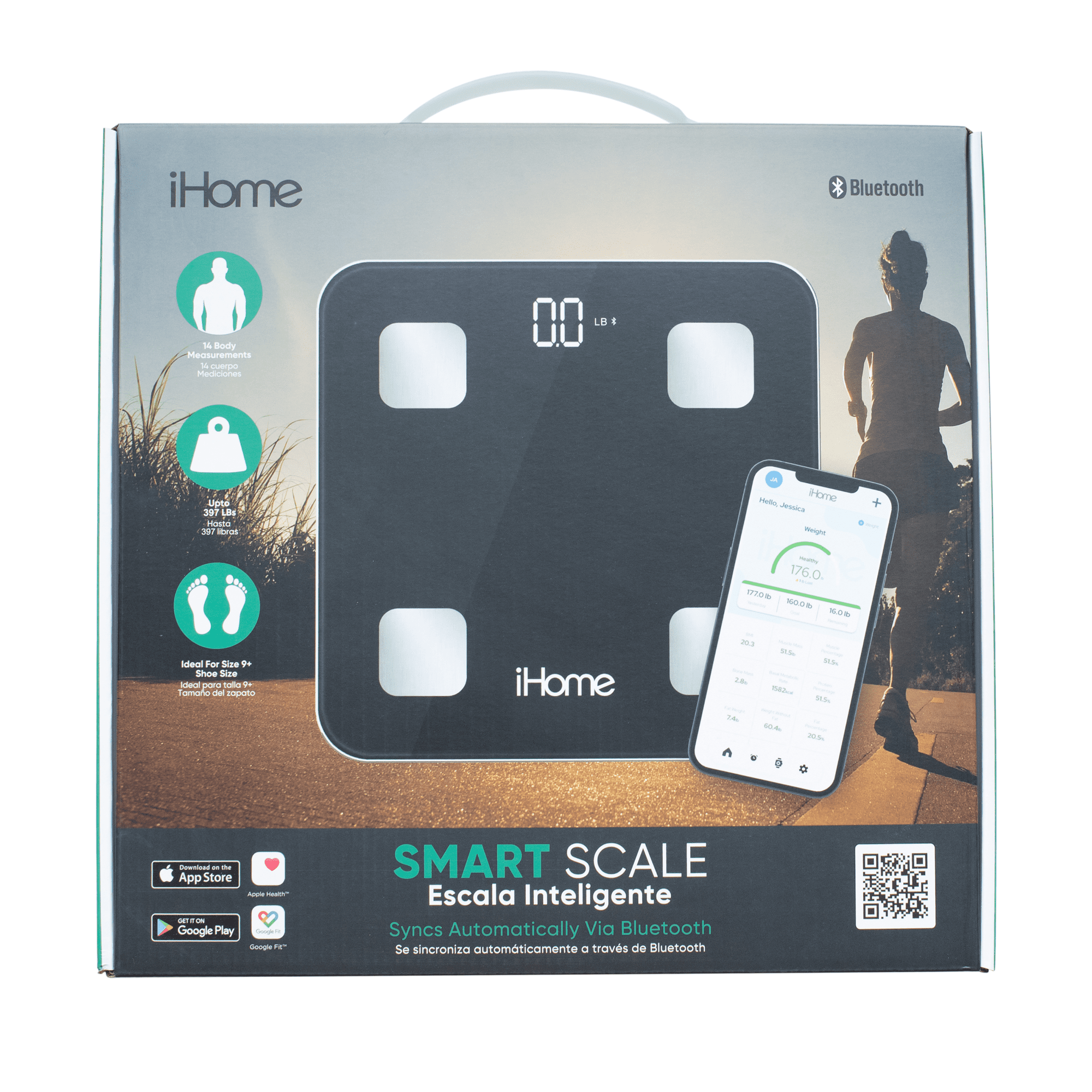 iHome Smart Bluetooth Digital Battery Powered Bathroom Scale, Body Weight & BMI Weighing 397 lbs with Fit+ Personal Coach App, FSA and HSA Eligible, Black