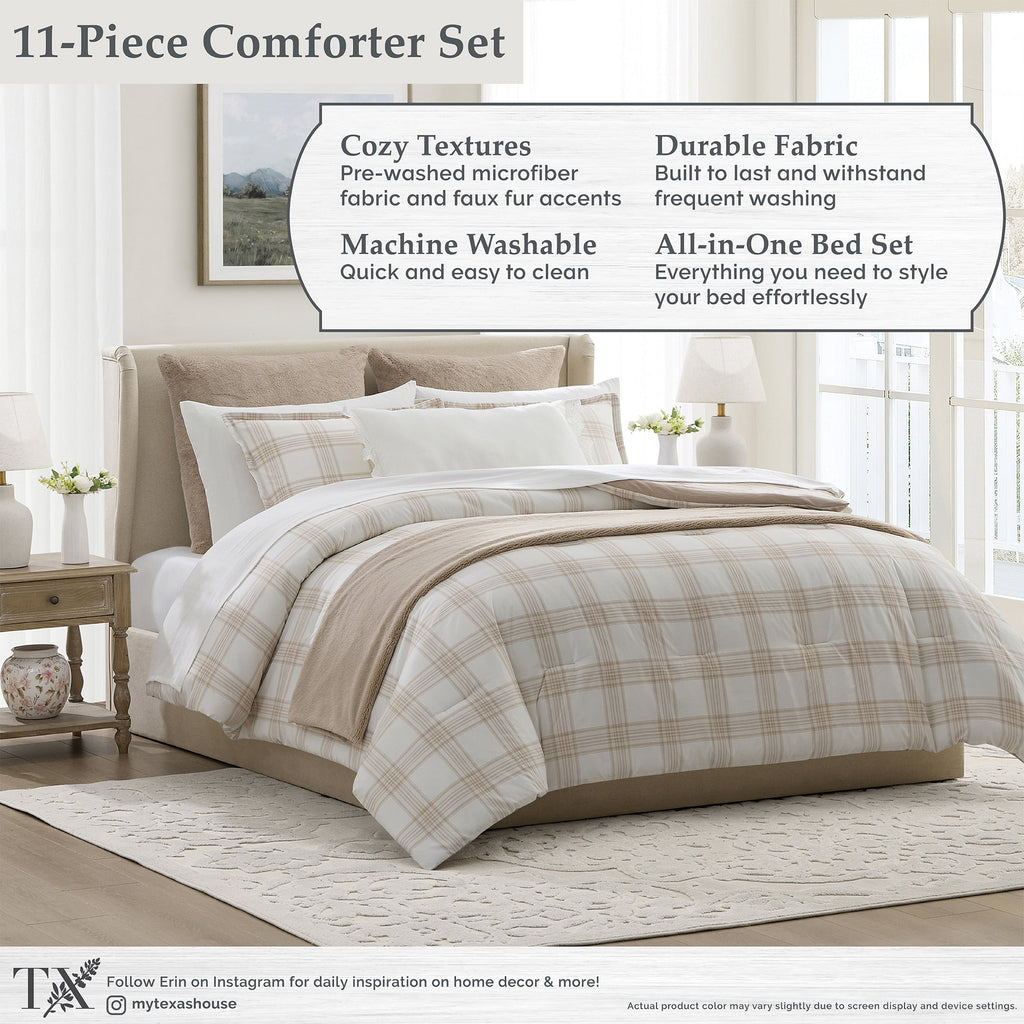 My Texas House Plaid 11-Piece Comforter Set with Sheets, Taupe, Queen