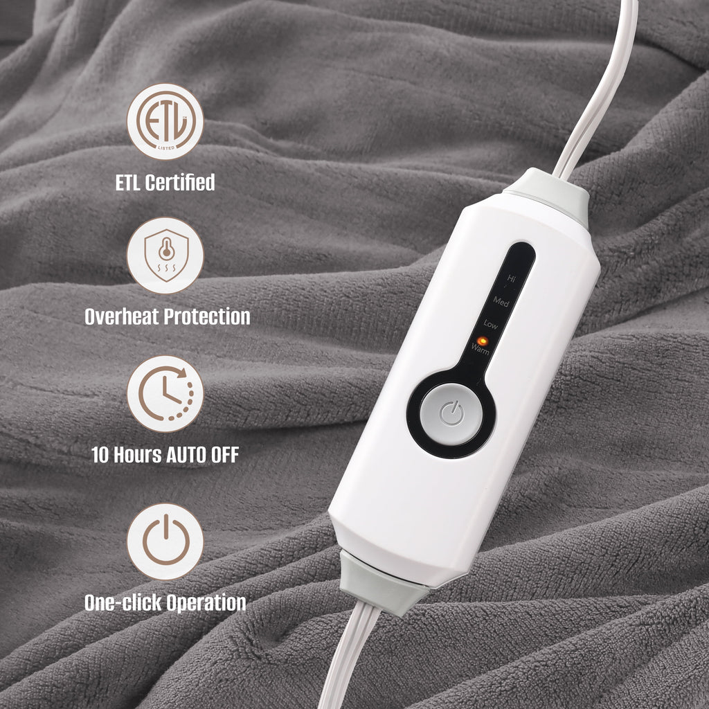 YAKEE Electric Heated Blanket 72"x84" Full Size - Soft Warm Coral Fleece, 4 Heat Levels, 10 Hours Auto-off, Machine Washable with Overheat Protection, Gray