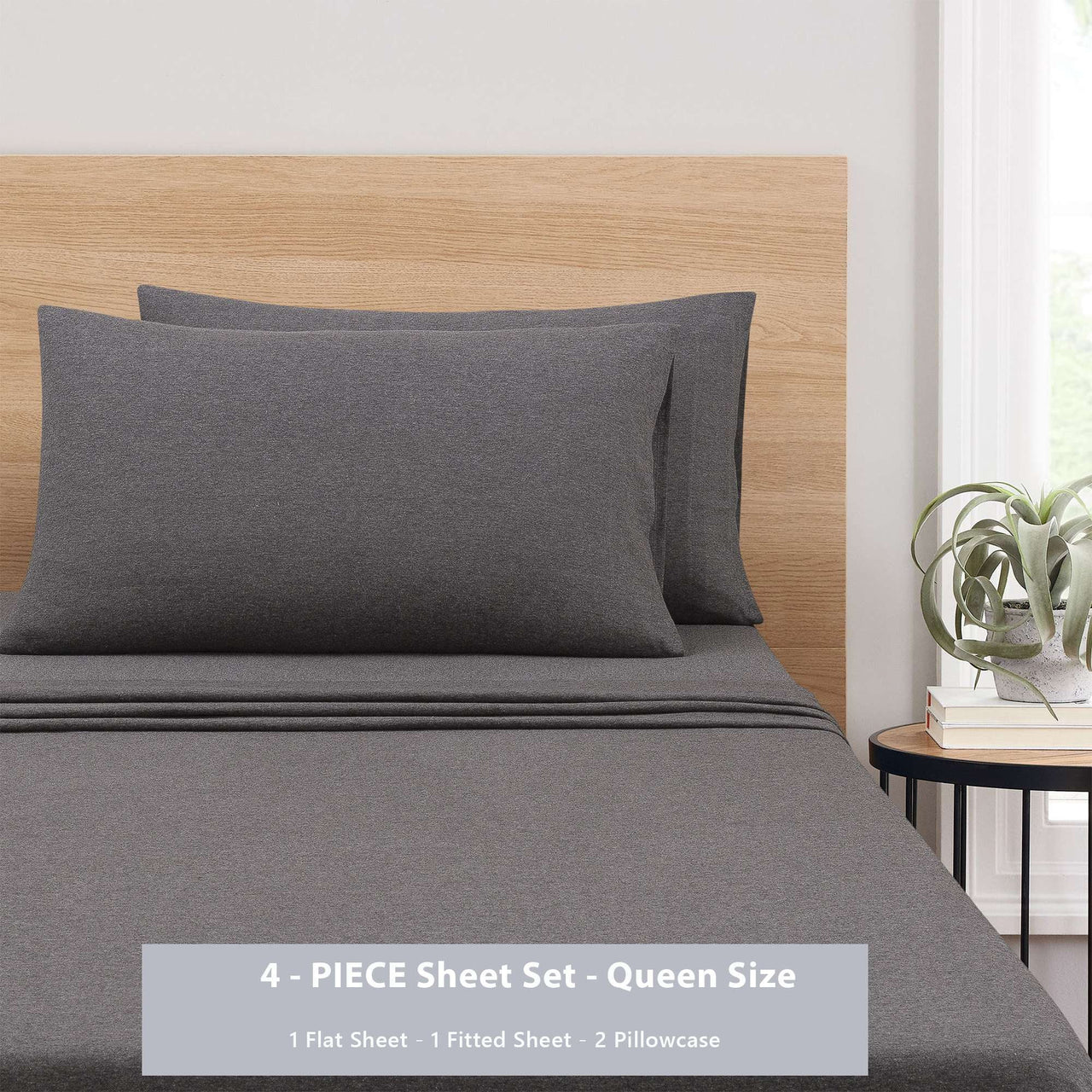 Mainstays Cotton Rich Extra Soft Jersey Bed Sheet Set, Queen, Charcoal, 4 Pieces