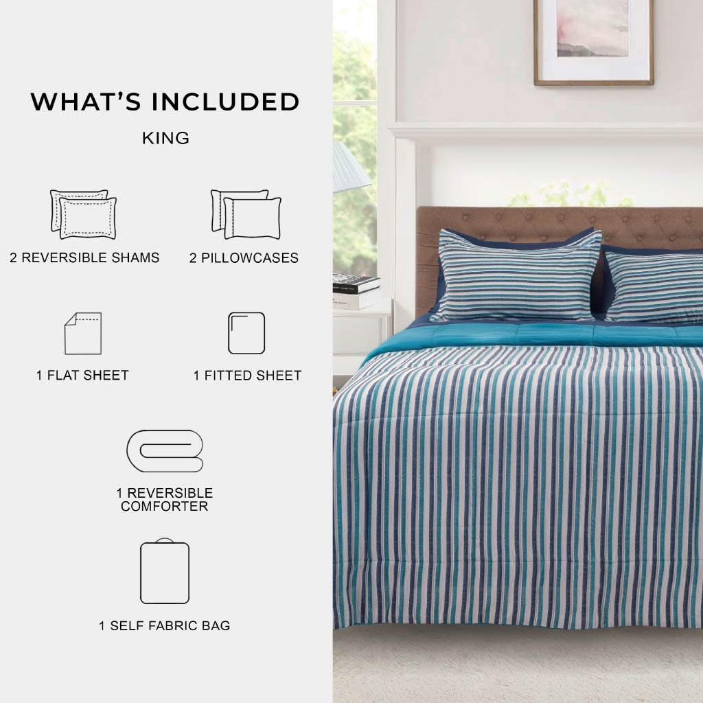 Mainstays All in One Reversible Comforter and Sheet Set- 7 Piece, Queen, Blue Pinstripe