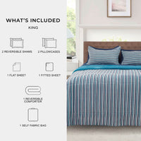 Mainstays All in One Reversible Comforter and Sheet Set- 7 Piece, Queen, Blue Pinstripe