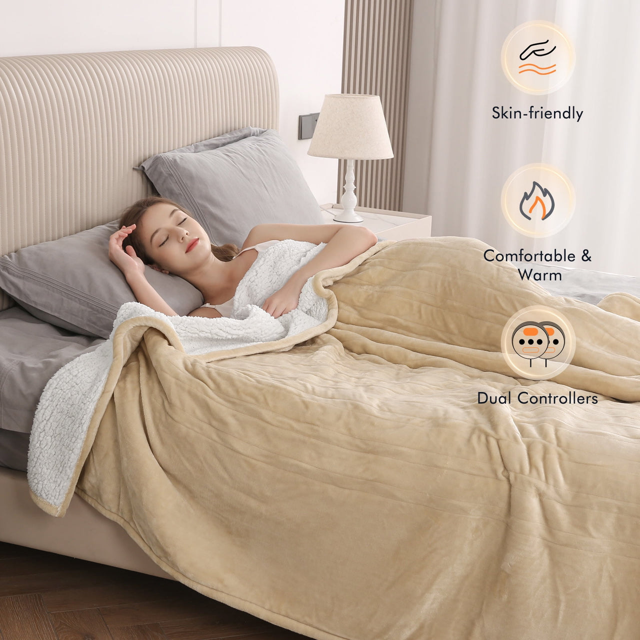 MARNUR Heated Blanket Queen Size 84''x90'', Fast Heating with Dual Controllers Electric Blanket, 10 Heating Levels, 10H Timer, Preheat Function - Beige