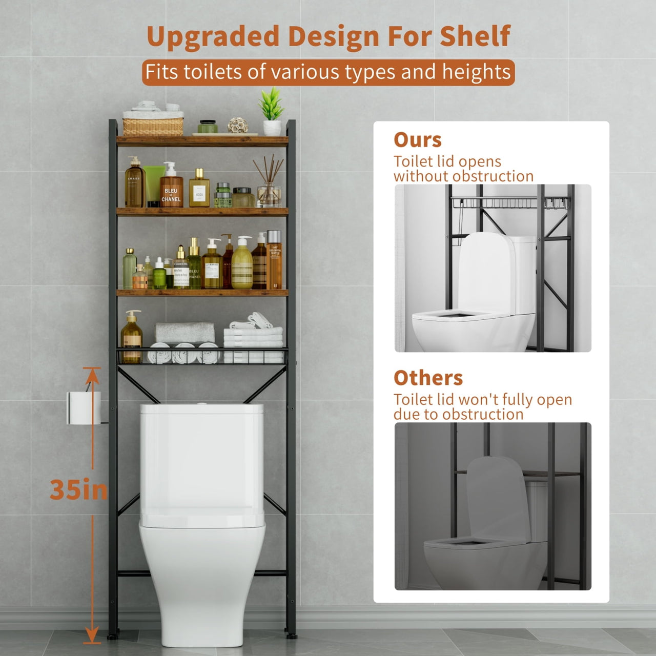 Capri Over The Toilet Storage Shelf, 4-Tier Freestanding Bathroom Organizers and Storage, above Toilet Space Saver Rack with Adjustable Shelves, Toilet Paper Holder and 9-Hooks, Rustic Brown