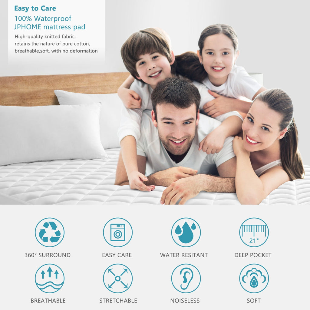 JPHOME Queen Size Quilted Fitted Mattress Pad Cover, 100% Waterproof Mattress Protector, Deep Pocket Fitted 8" - 21", Breathable & Noiseless, Soft and Comfortable (60" x 80", White)