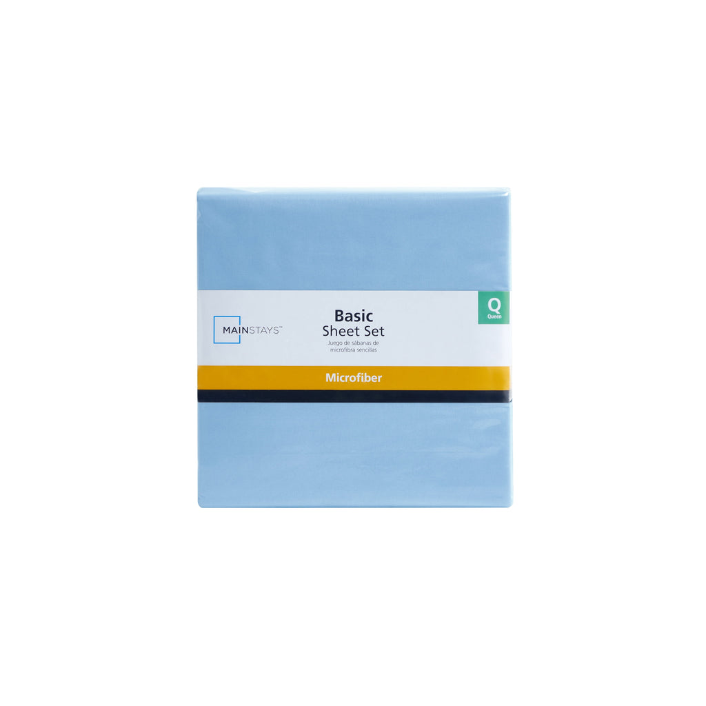 Mainstays Basic Value Microfiber Bed Sheet Set, Light Blue, Queen, 4 Piece