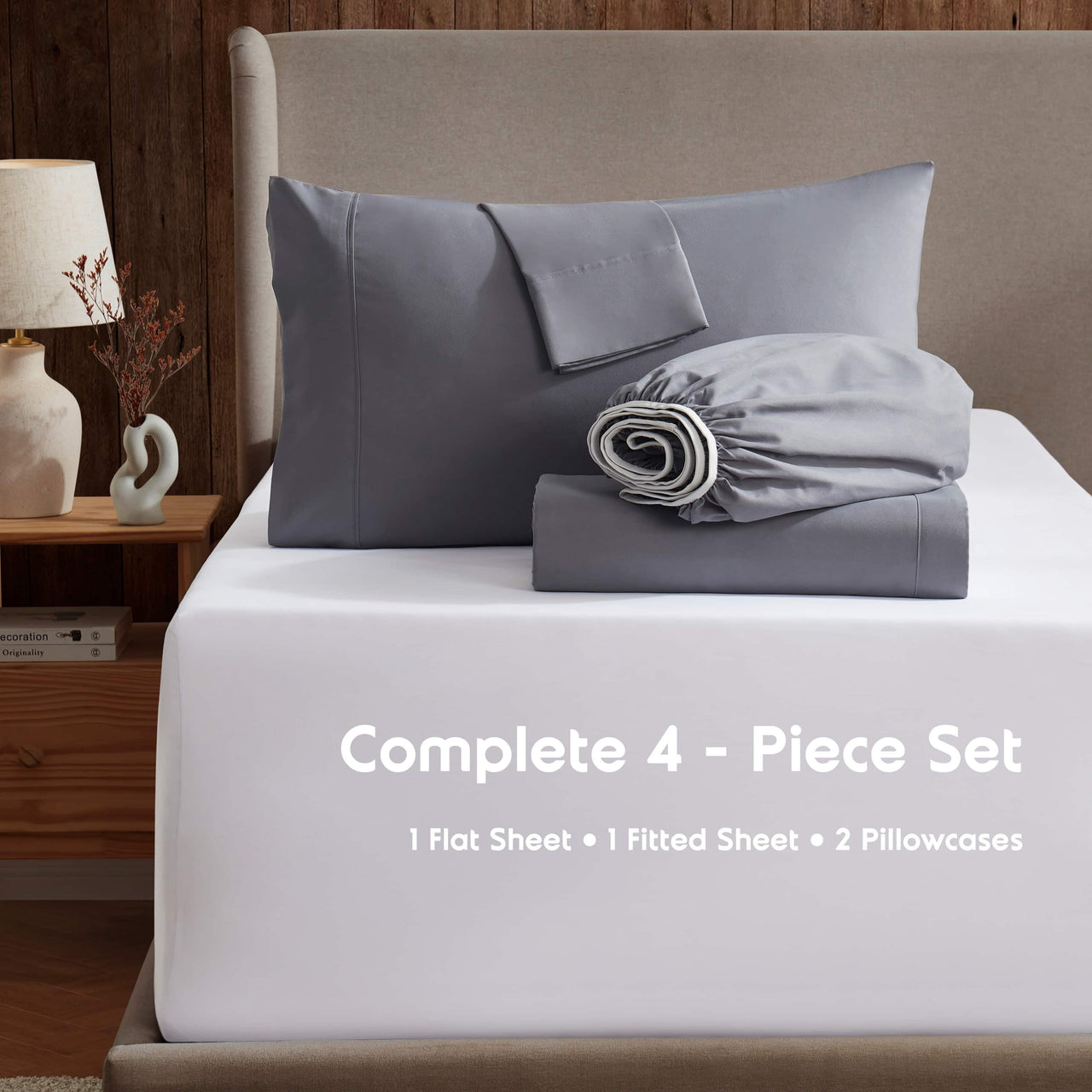 Nestl Queen Sheets Set, 1800 Series 4 Piece Sheets Queen Sheets Set, Luxury Soft Microfiber Queen Size Gray Bed Sheets Set, Gray