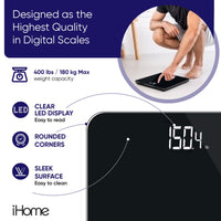 iHome Digital Battery Powered Bathroom Scale 397 lbs with Fit+ Personal Coach App, FSA and HSA Eligible, Black