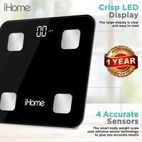 iHome Smart Bluetooth Digital Battery Powered Bathroom Scale, Body Weight & BMI Weighing 397 lbs with Fit+ Personal Coach App, FSA and HSA Eligible, Black