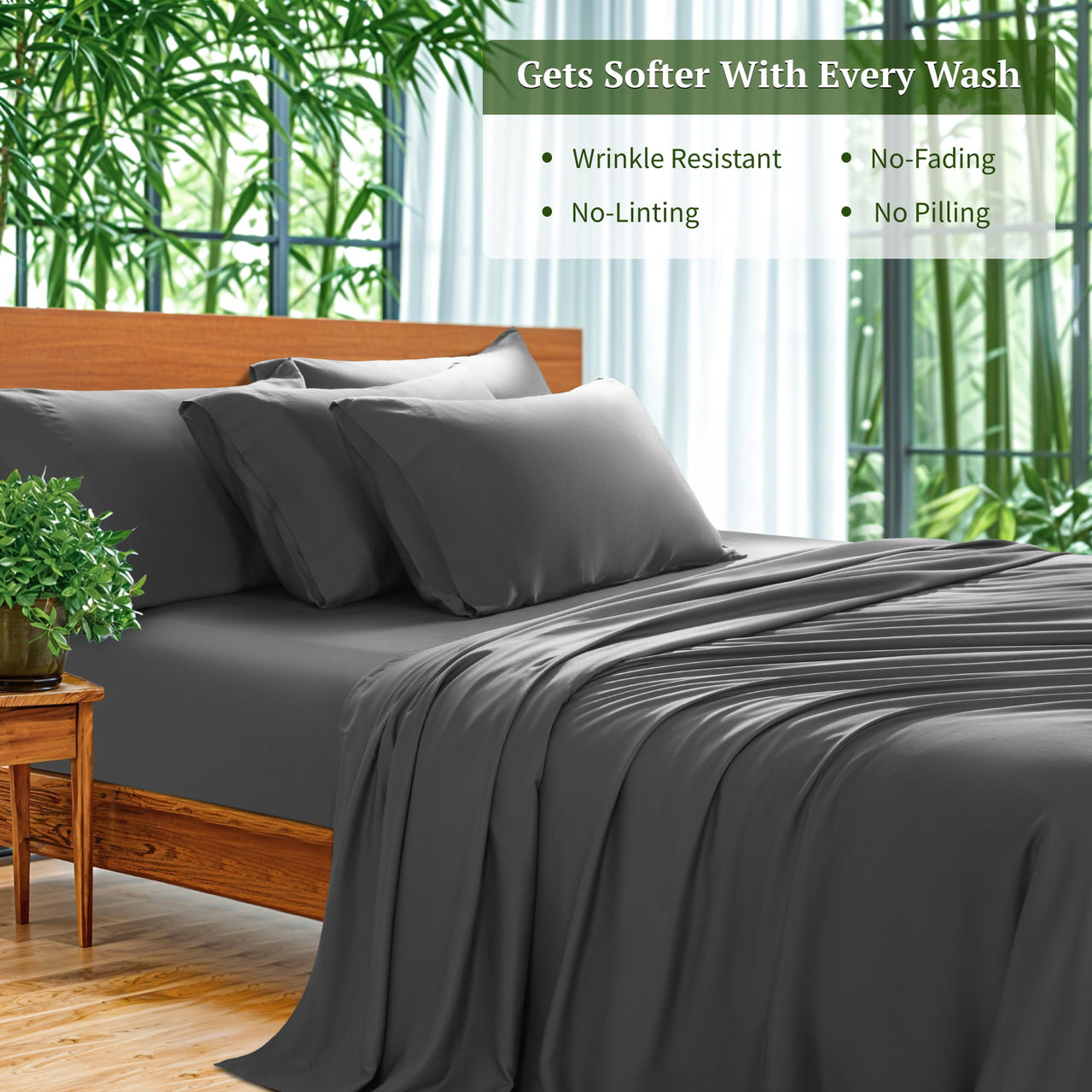 SONORO KATE 6 Pieces Bamboo Bed Sheets Set, Luxury Rayon Derived - Deep Pockets - Wrinkle Free - Extremely Soft, Queen, Dark Gray