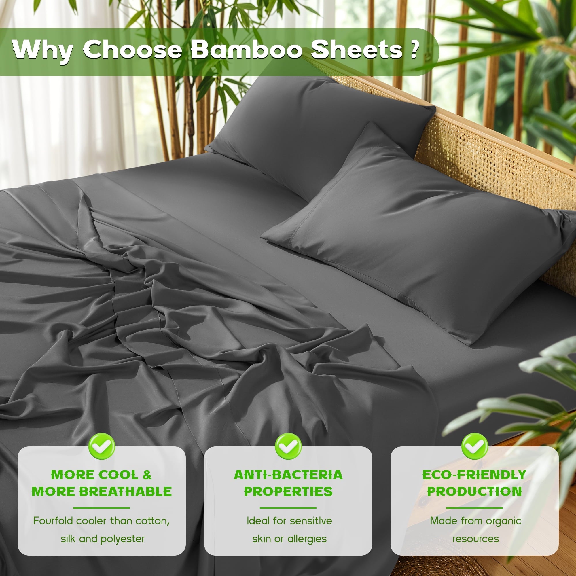 Sonoro Kate Luxury Bamboo Bed Sheet Set - Deep Pockets - 4 Piece, Queen, Dark Gray