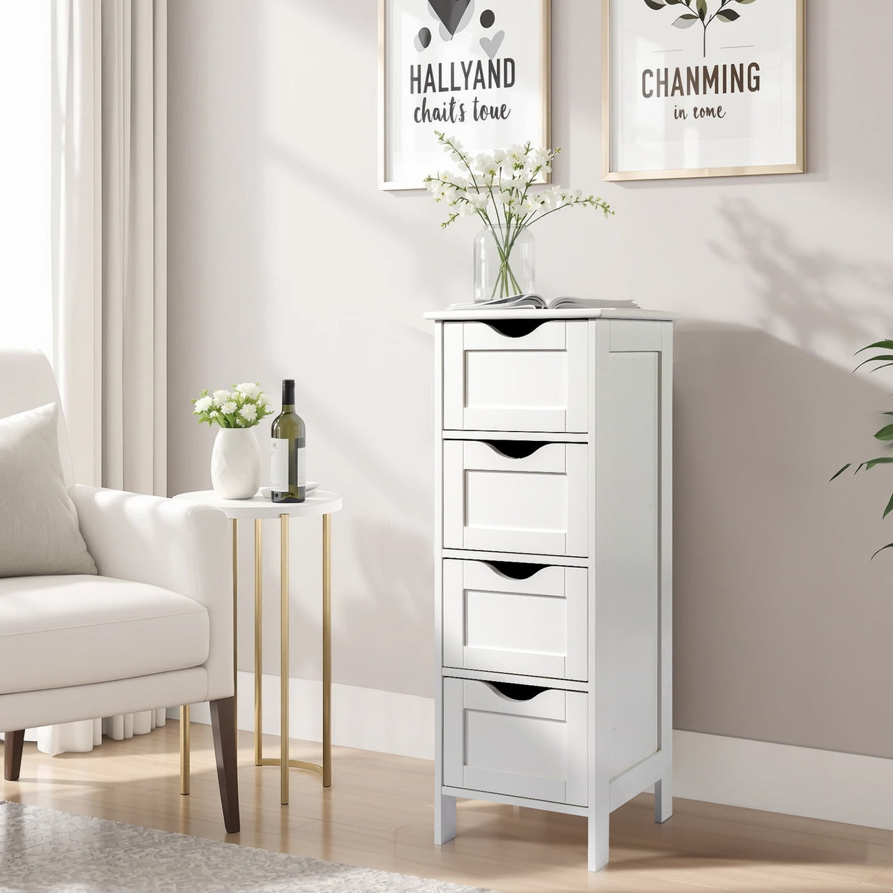 Ktaxon Bathroom Floor Storage Cabinet with 4 Drawers, Small Cabinet for Bedroom Kitchen, MDF White