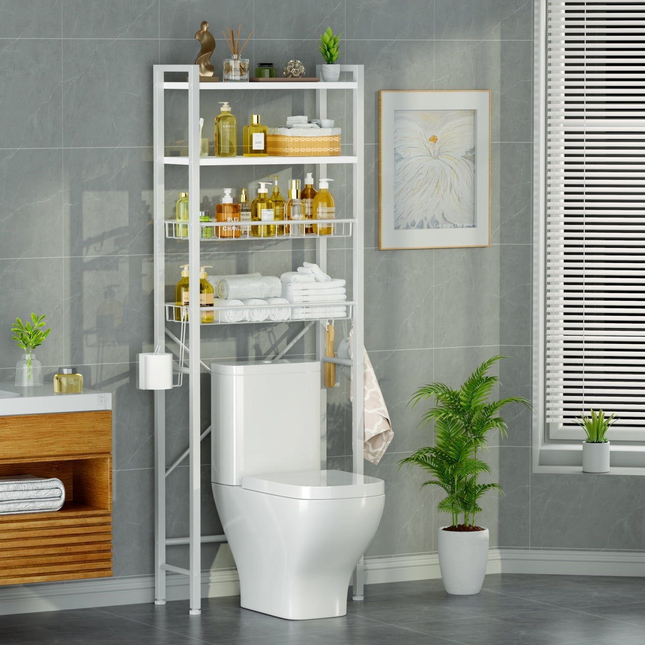 Capri Over The Toilet Storage Shelf, 4-Tier Freestanding Bathroom Organizers and Storage, above Toilet Space Saver Rack with Adjustable Shelves, Toilet Paper Holder and 9-Hooks, Rustic Brown