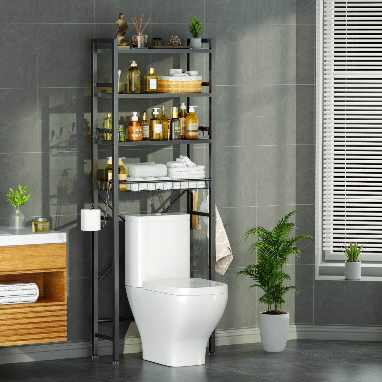 Capri Over The Toilet Storage Shelf, 4-Tier Freestanding Bathroom Organizers and Storage, above Toilet Space Saver Rack with Adjustable Shelves, Toilet Paper Holder and 9-Hooks, Rustic Brown