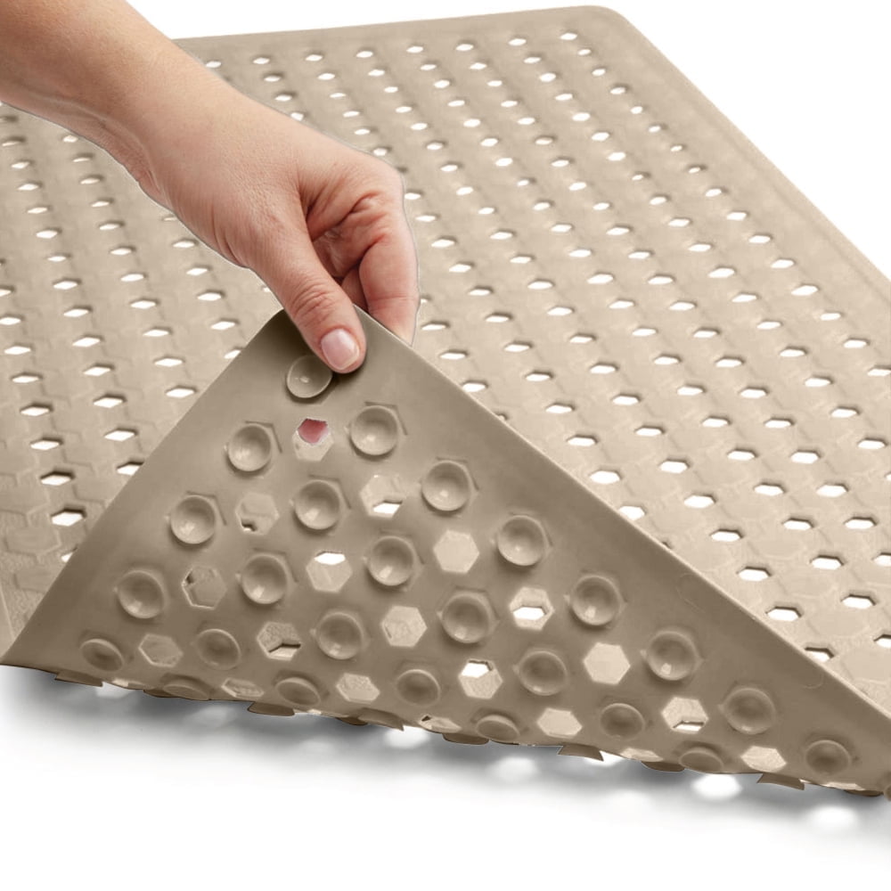 GORILLA GRIP Patented Bath Tub Shower Mat, Machine Washable Bathtub Floor Liner Mats, Suction Cups and Drain Holes to Keep Tubs Clean, Soft on Feet, Bathroom Essentials, 35x16 Inch, Clear