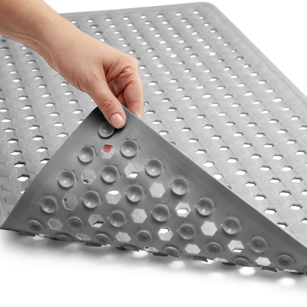 GORILLA GRIP Patented Bath Tub Shower Mat, Machine Washable Bathtub Floor Liner Mats, Suction Cups and Drain Holes to Keep Tubs Clean, Soft on Feet, Bathroom Essentials, 35x16 Inch, Clear
