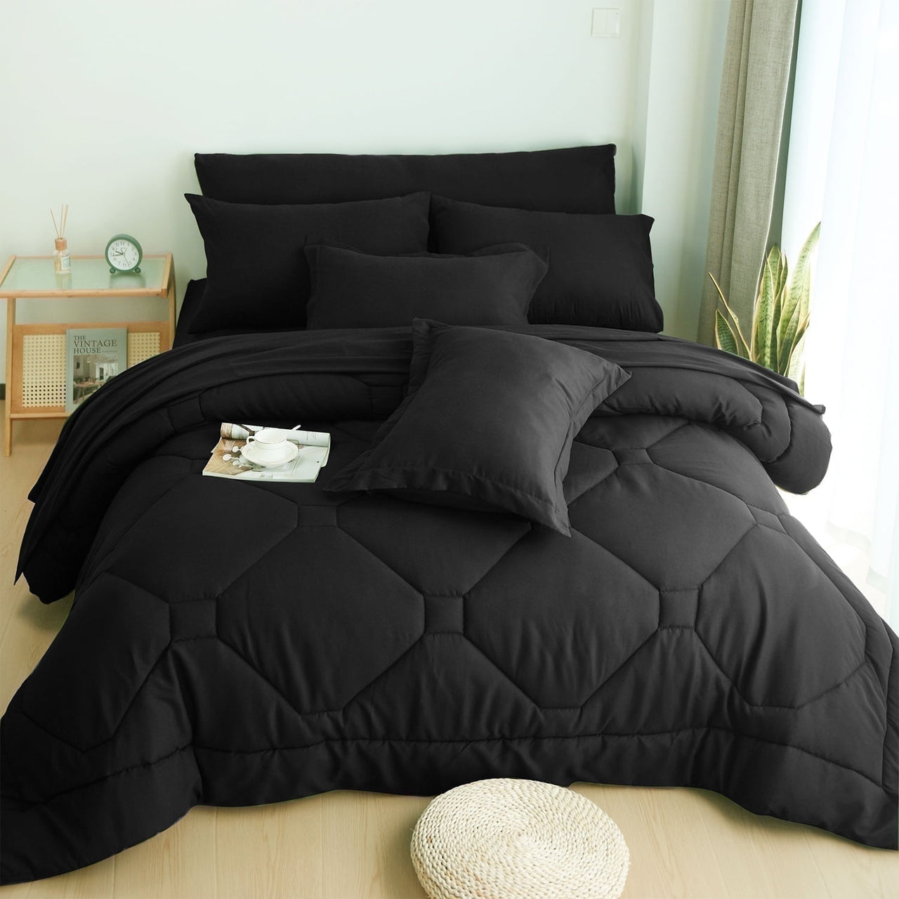 HIG 8 PCS Modern Comforter Set with Sheets All Season Bed in a Bag, Dark Gray, Queen Size
