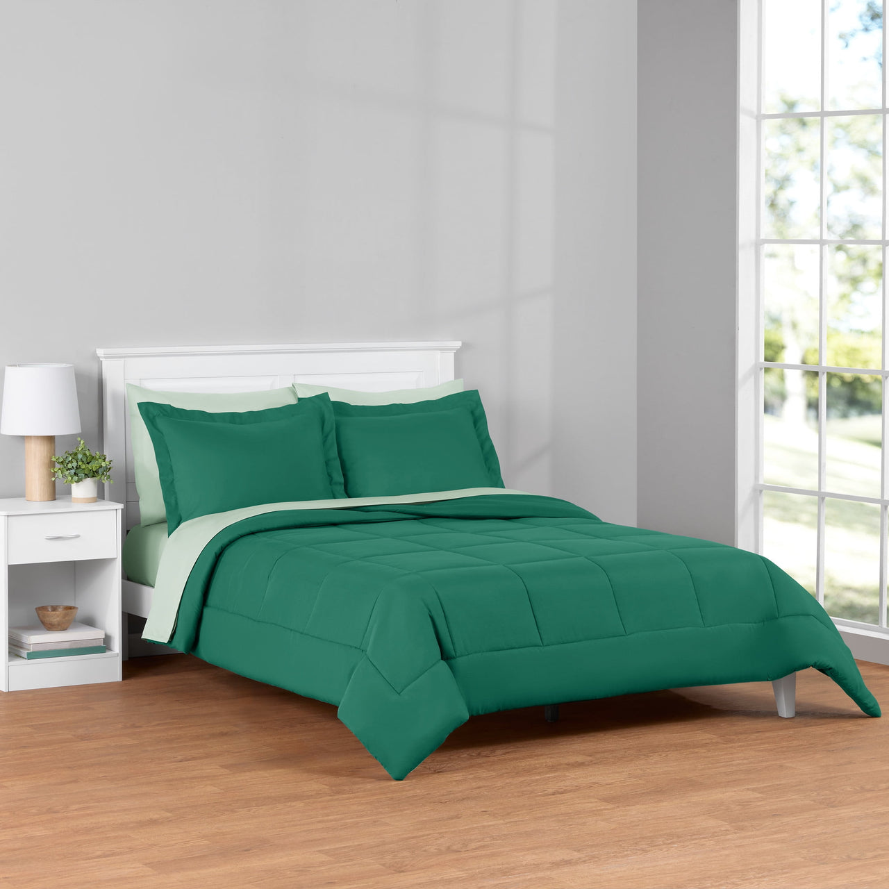 Mainstays All in One Reversible Comforter and Sheet Set- 7 Piece, Queen, Blue Pinstripe
