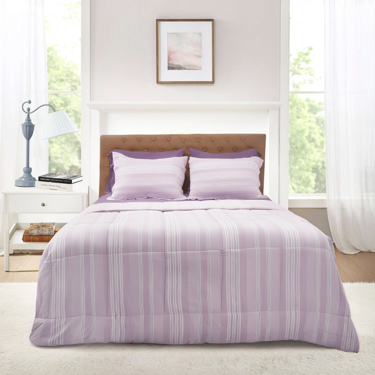 Mainstays All in One Reversible Comforter and Sheet Set- 7 Piece, Queen, Blue Pinstripe