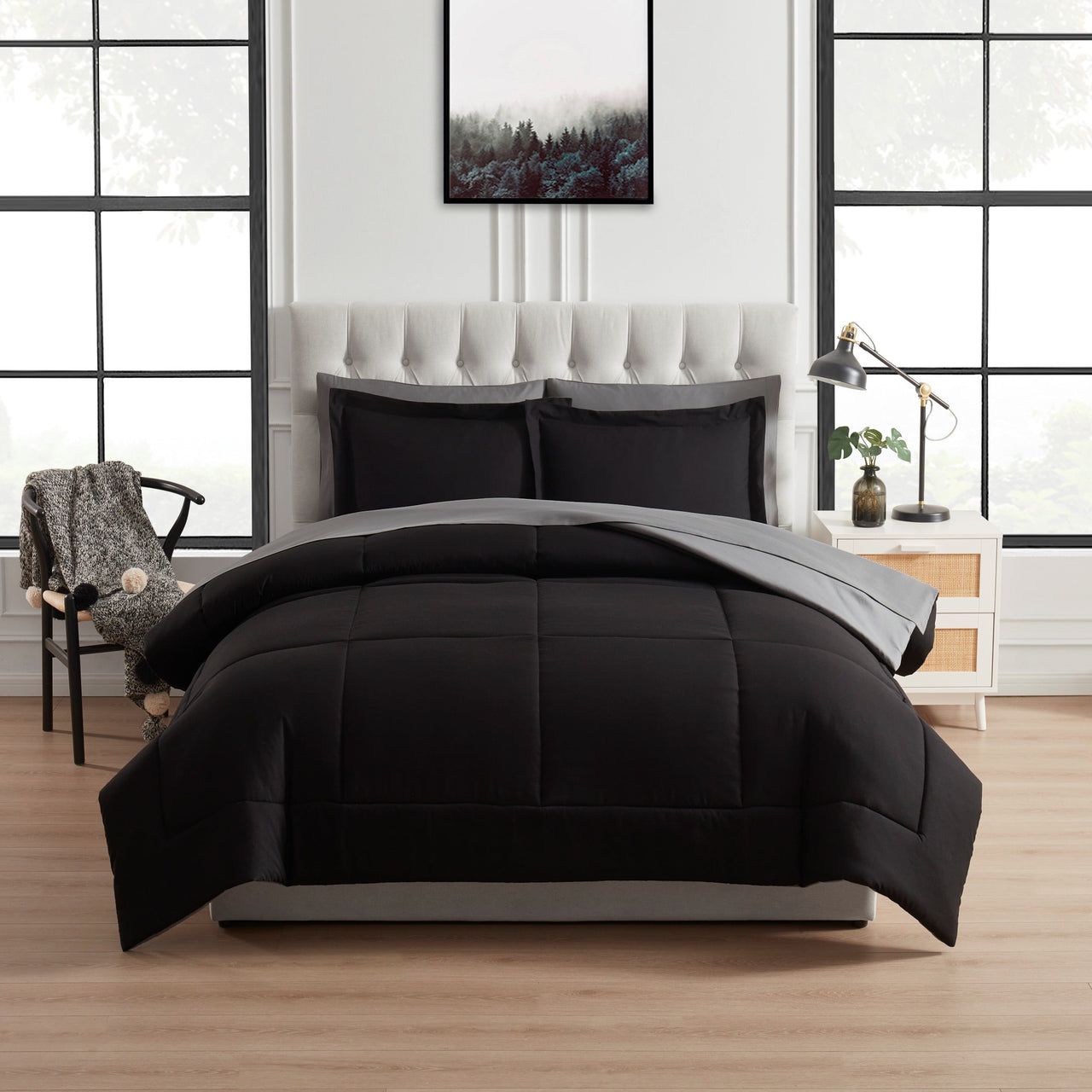 Mainstays All in One Reversible Comforter and Sheet Set- 7 Piece, Queen, Blue Pinstripe