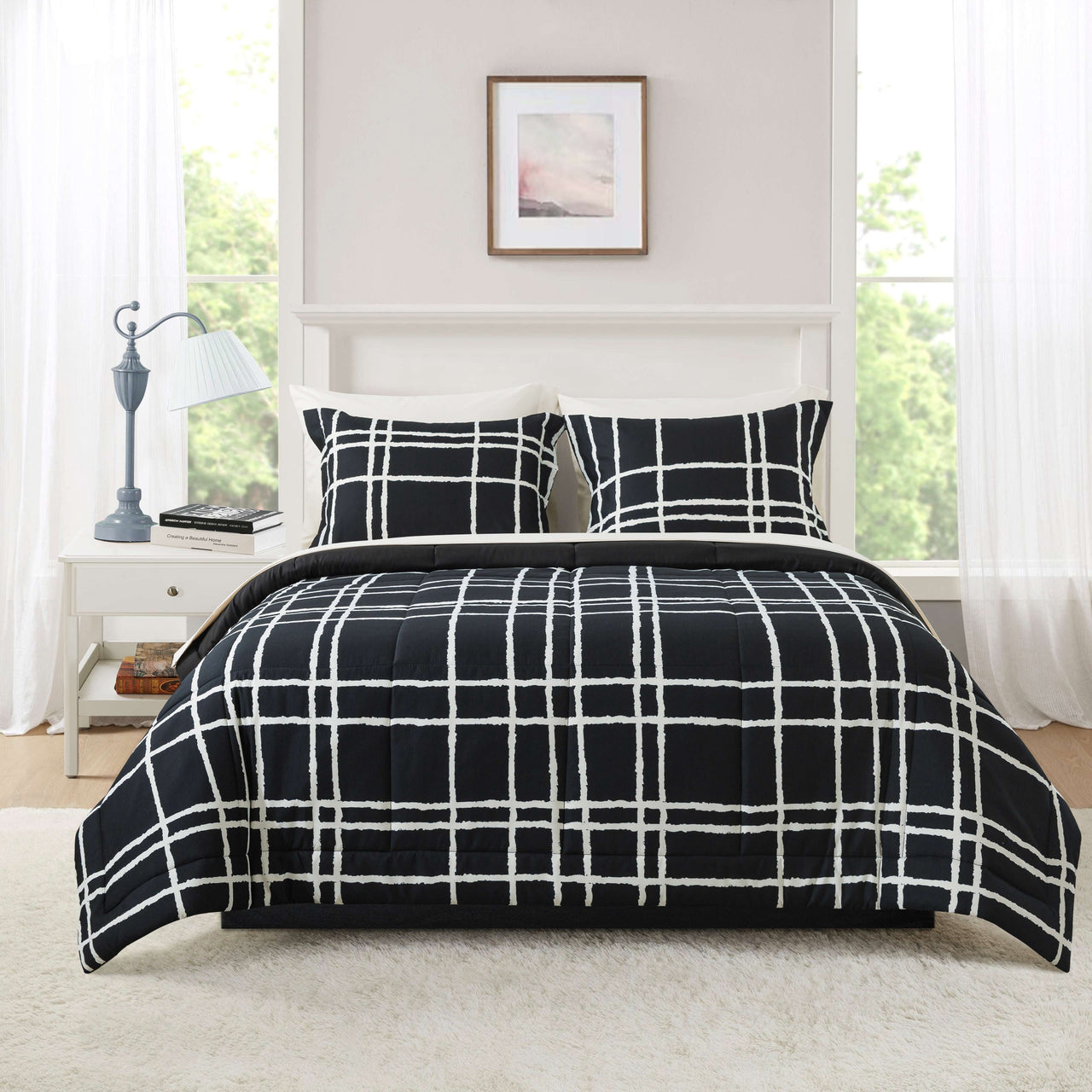 Mainstays All in One Reversible Comforter and Sheet Set- 7 Piece, Queen, Blue Pinstripe