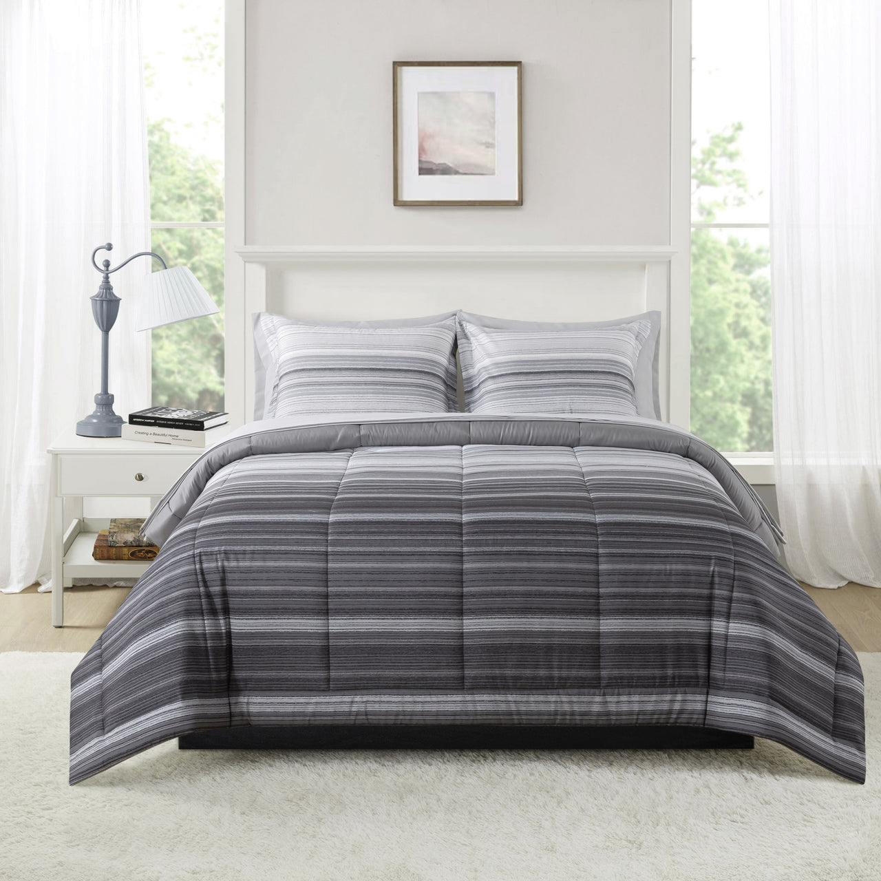 Mainstays All in One Reversible Comforter and Sheet Set- 7 Piece, Queen, Blue Pinstripe