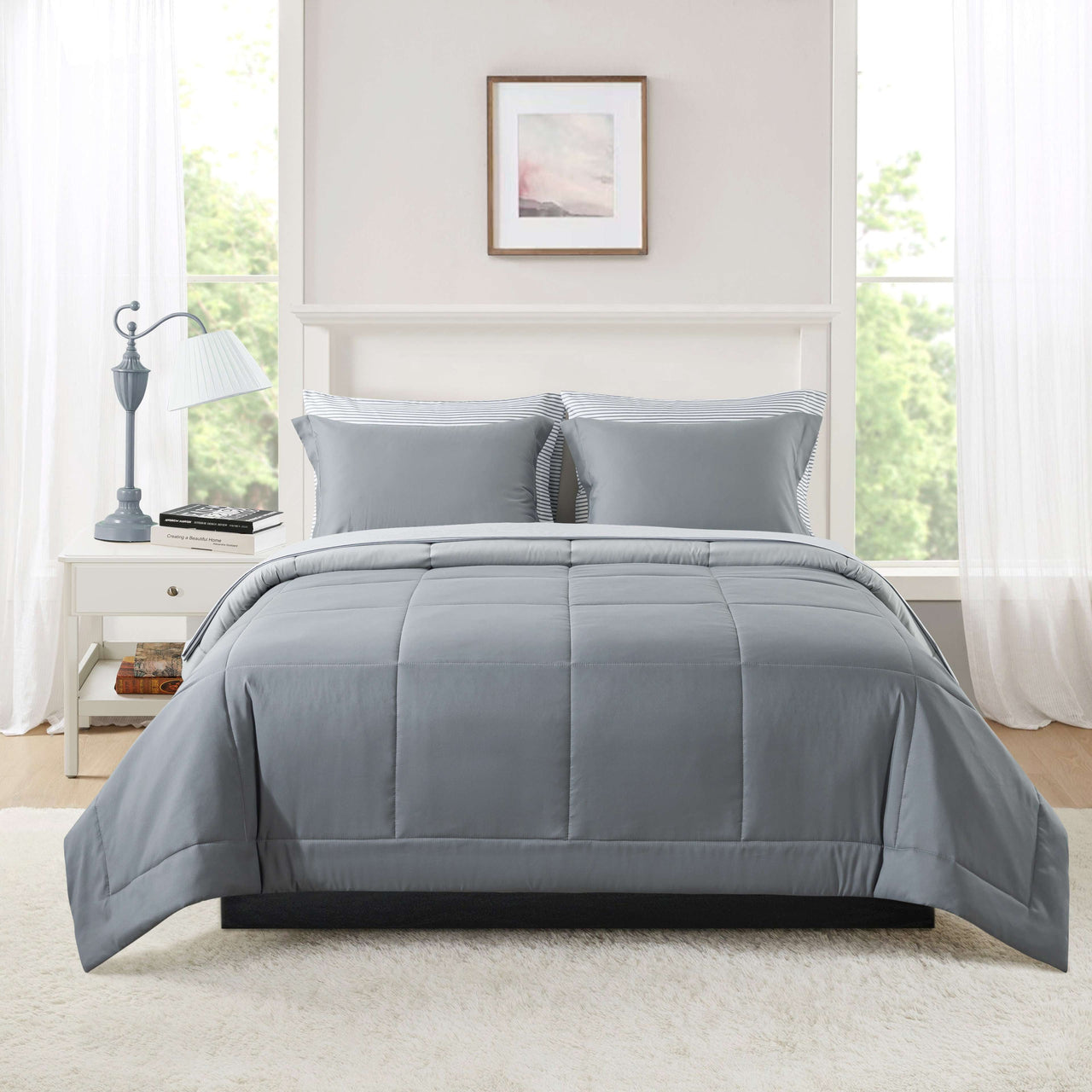 Mainstays All in One Reversible Comforter and Sheet Set- 7 Piece, Queen, Blue Pinstripe