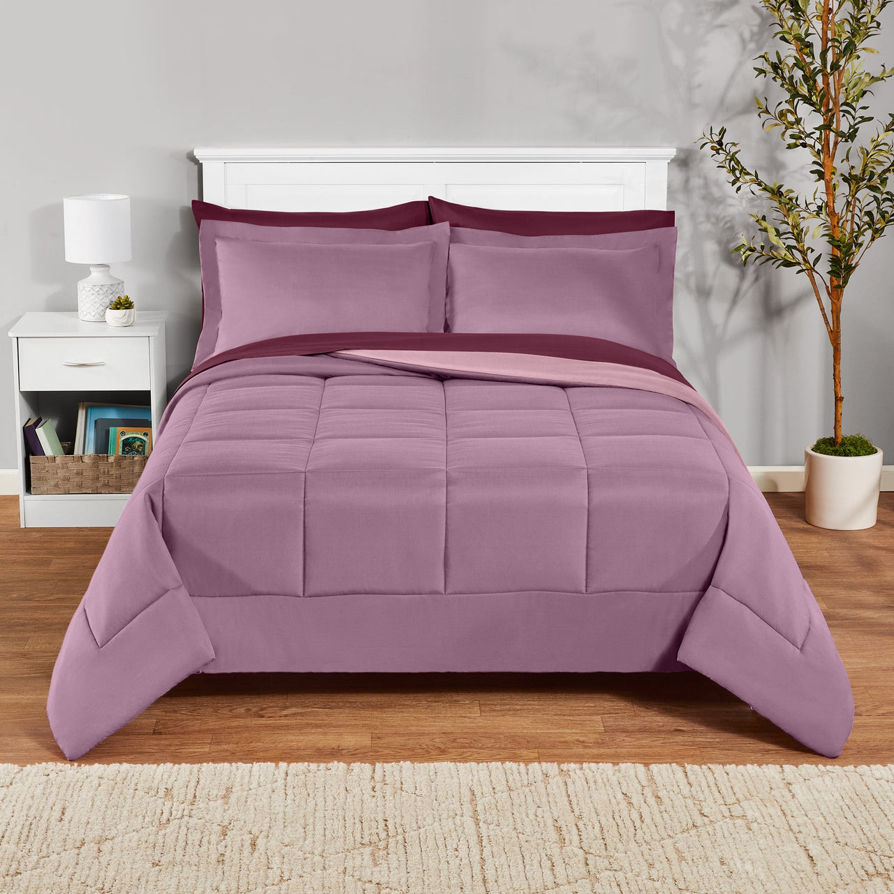 Mainstays All in One Reversible Comforter and Sheet Set- 7 Piece, Queen, Blue Pinstripe