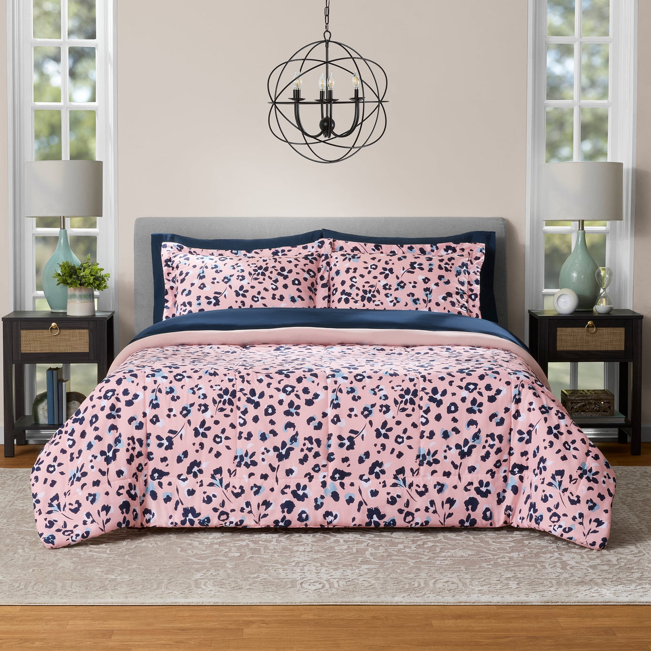 Mainstays All in One Reversible Comforter and Sheet Set- 7 Piece, Queen, Blue Pinstripe