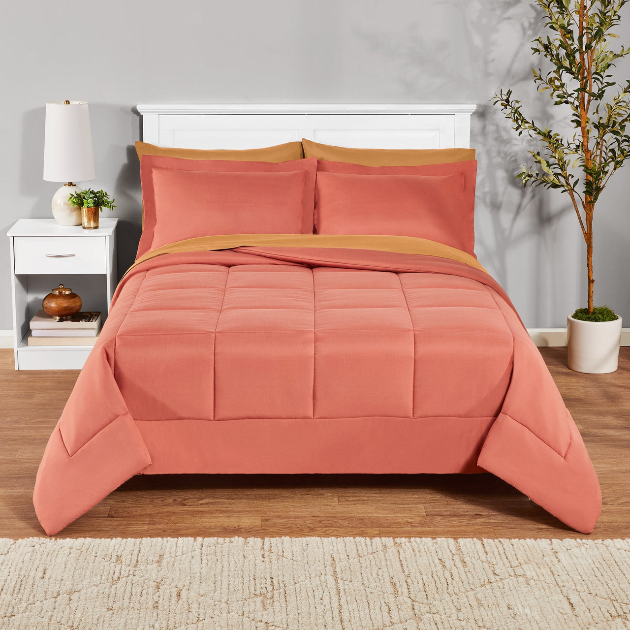 Mainstays All in One Reversible Comforter and Sheet Set- 7 Piece, Queen, Blue Pinstripe
