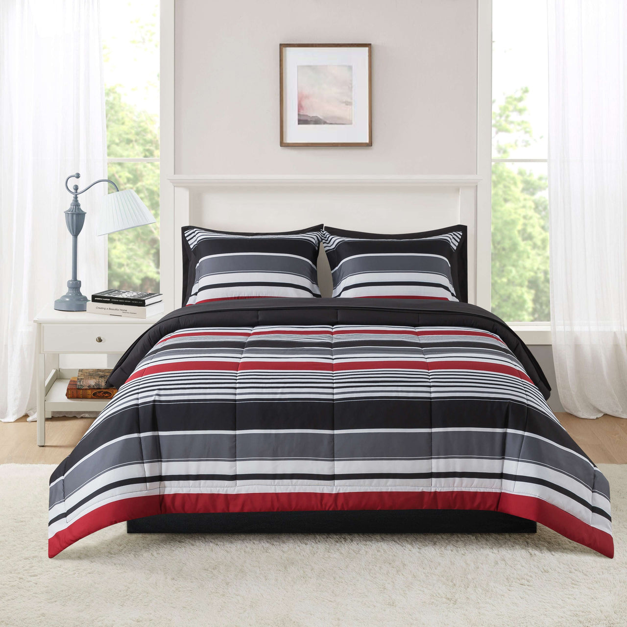 Mainstays All in One Reversible Comforter and Sheet Set- 7 Piece, Queen, Blue Pinstripe