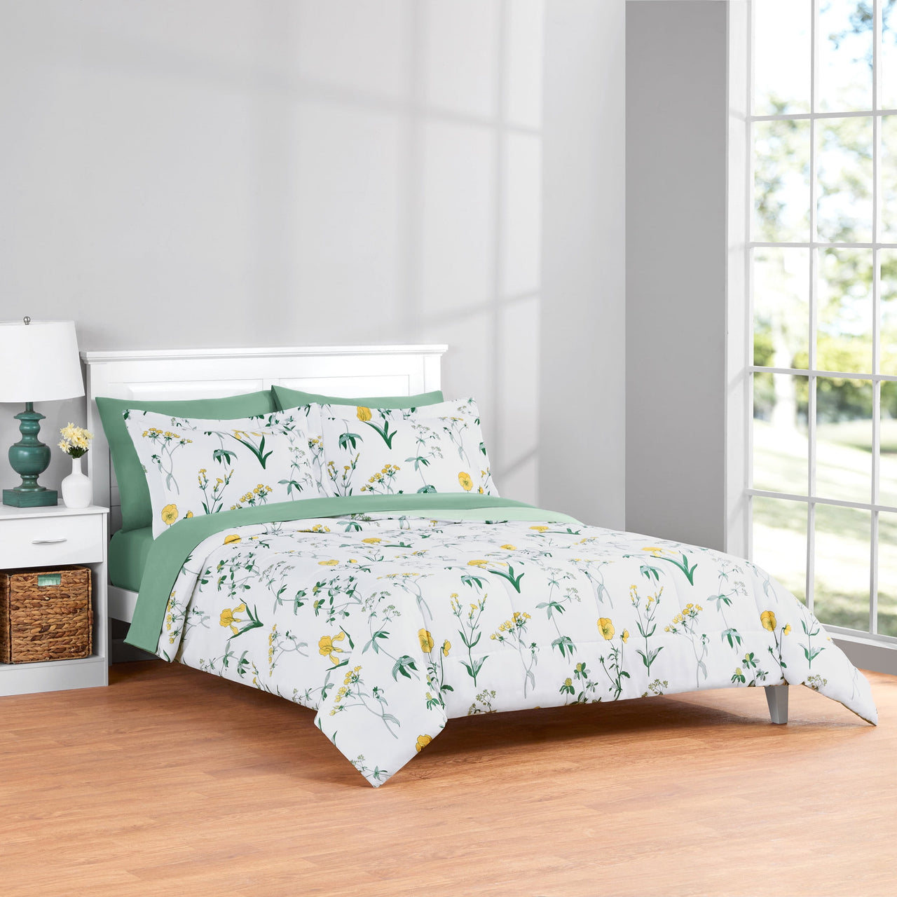 Mainstays All in One Reversible Comforter and Sheet Set- 7 Piece, Queen, Blue Pinstripe