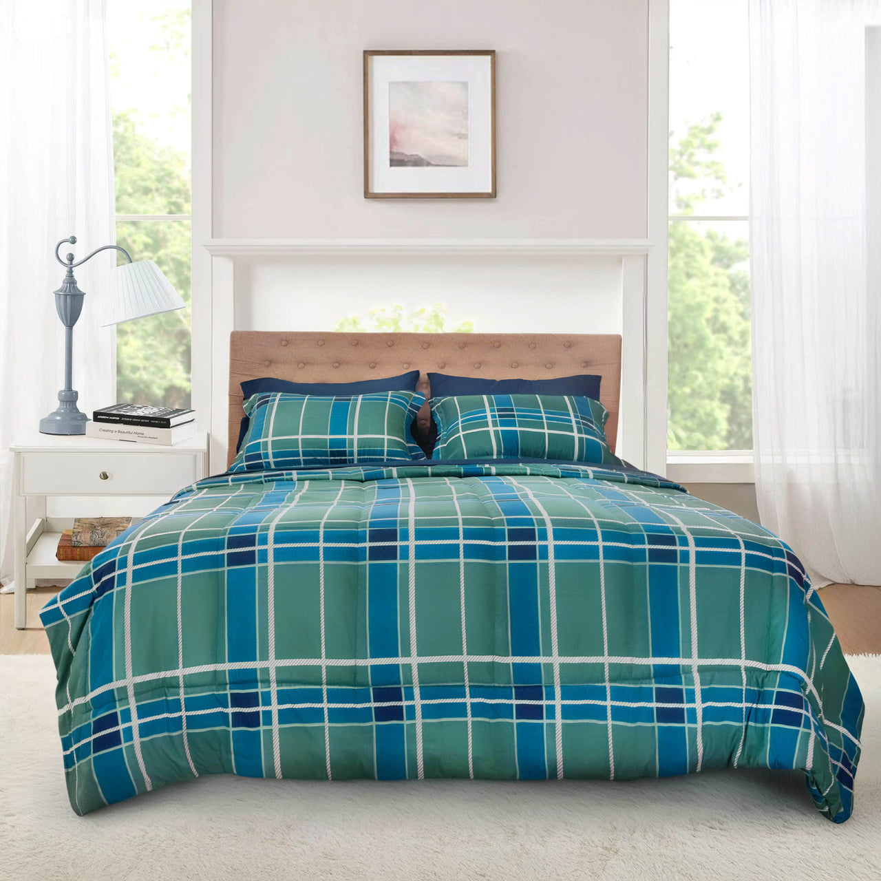 Mainstays All in One Reversible Comforter and Sheet Set- 7 Piece, Queen, Blue Pinstripe