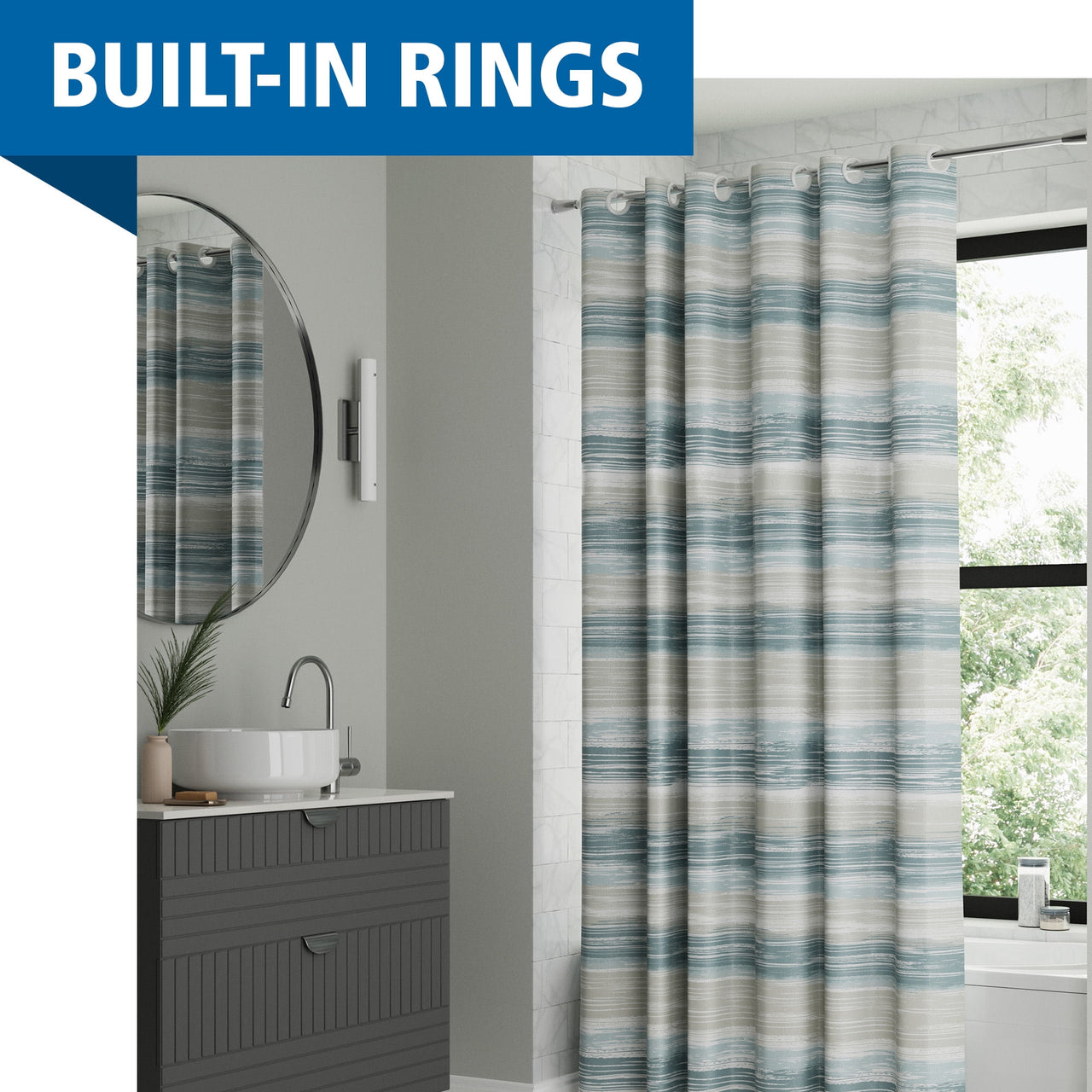 Mainstays Ombre Sweep Easy Hang Hookless Fabric Shower Curtain, 70" x 74", Blue, Green, Taupe