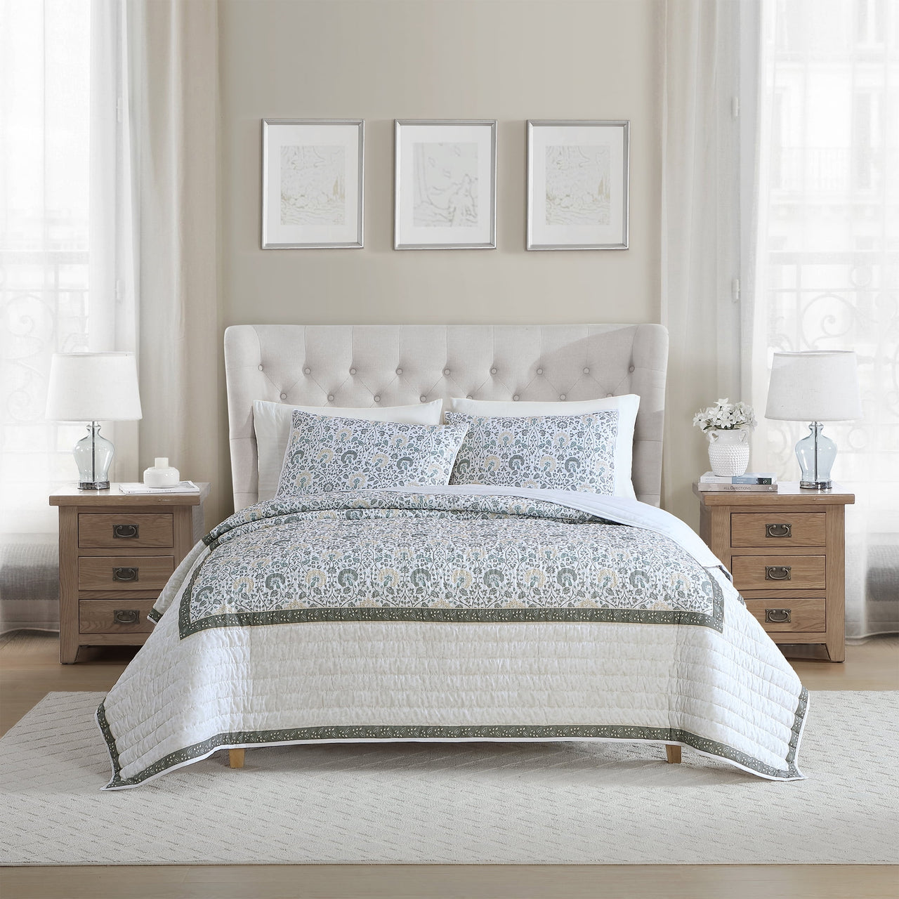 My Texas House Full/Queen Quilt Set, All-Season, 3-Piece, Sage Capri Jacobean Floral