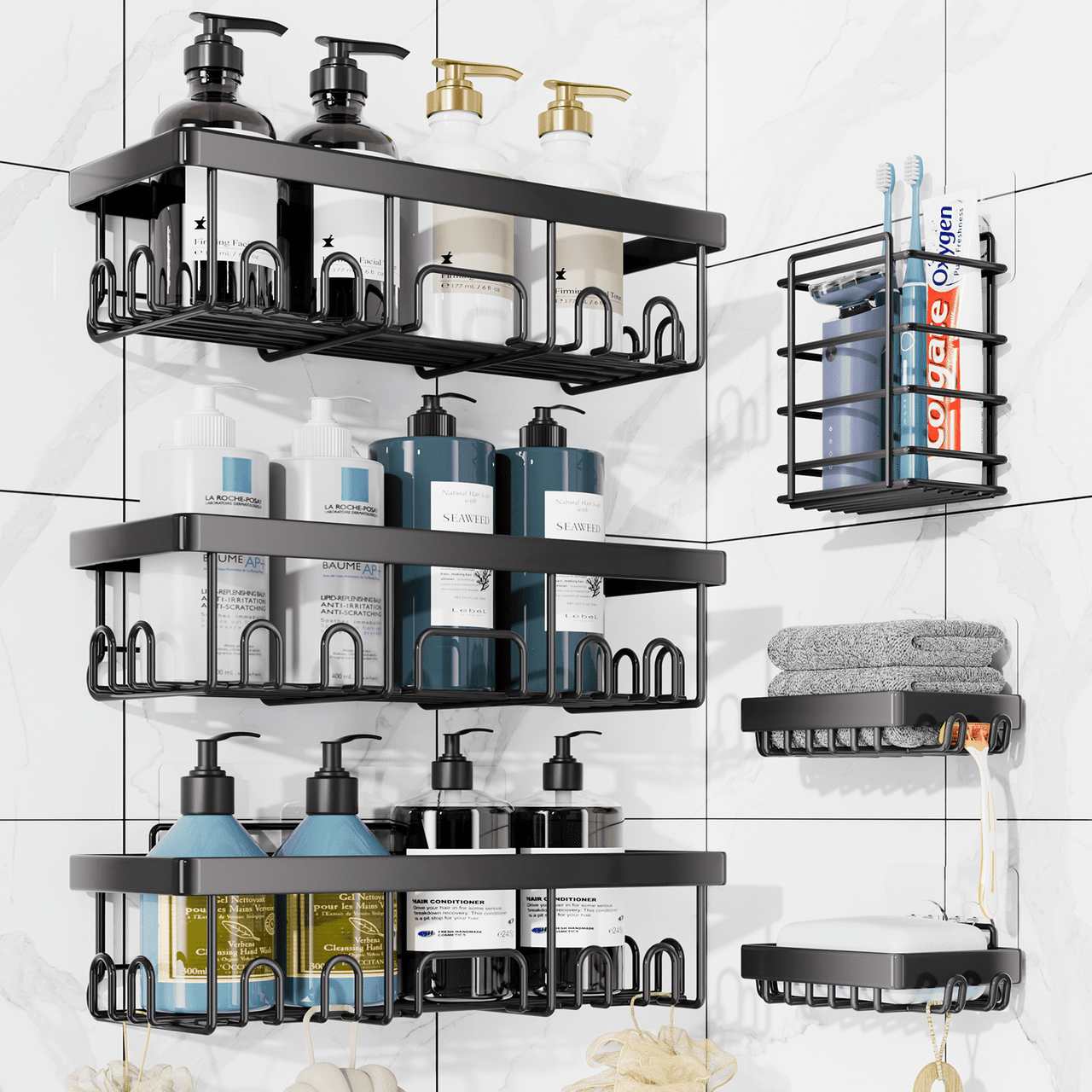 Ophanie Adhesive Shower Caddy 6 Pack, Large Capacity Bathroom Organizers and Storage, No Drilling Wall-Mounted Basket, Black