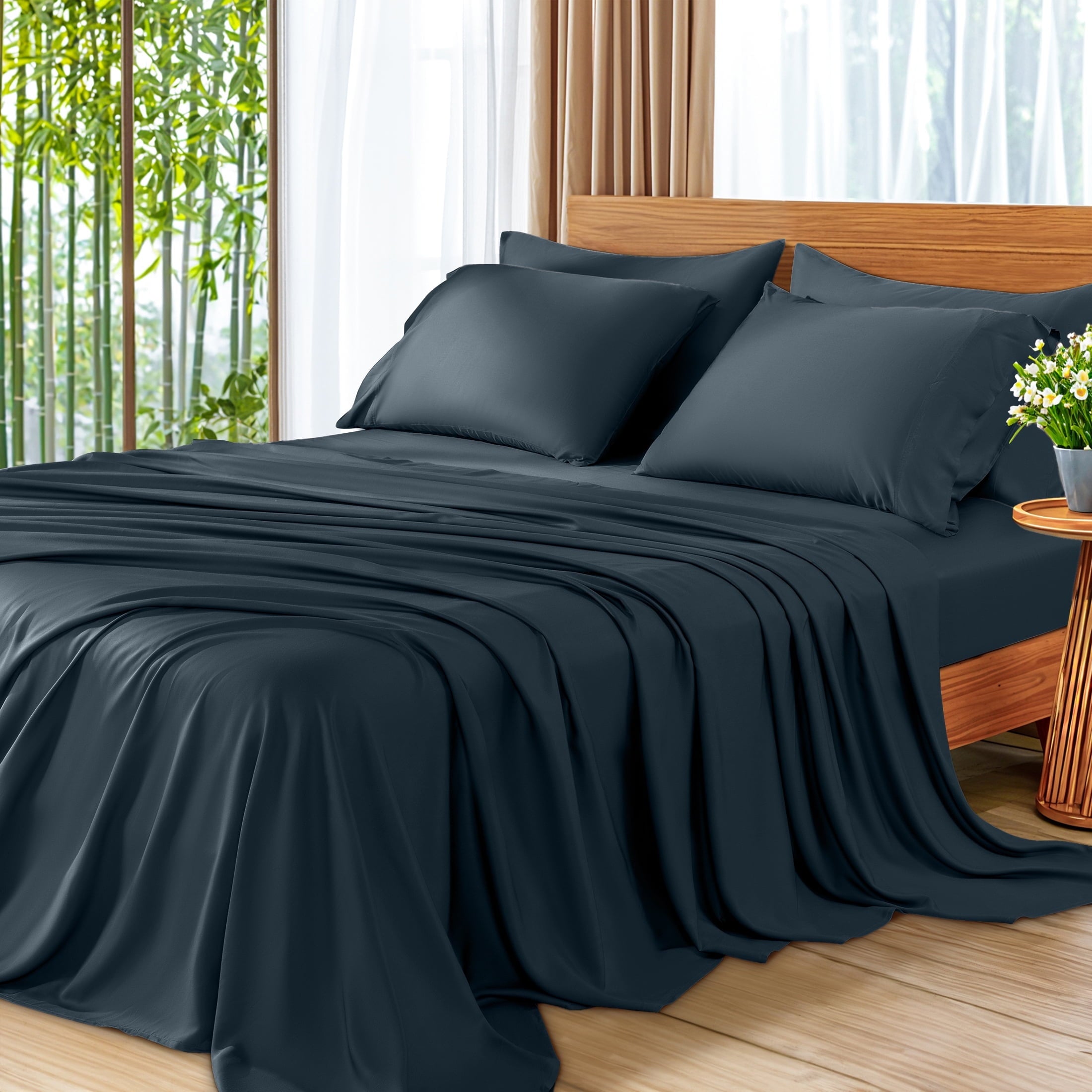 SONORO KATE 6 Pieces Bamboo Bed Sheets Set, Luxury Rayon Derived - Deep Pockets - Wrinkle Free - Extremely Soft, Queen, Dark Gray