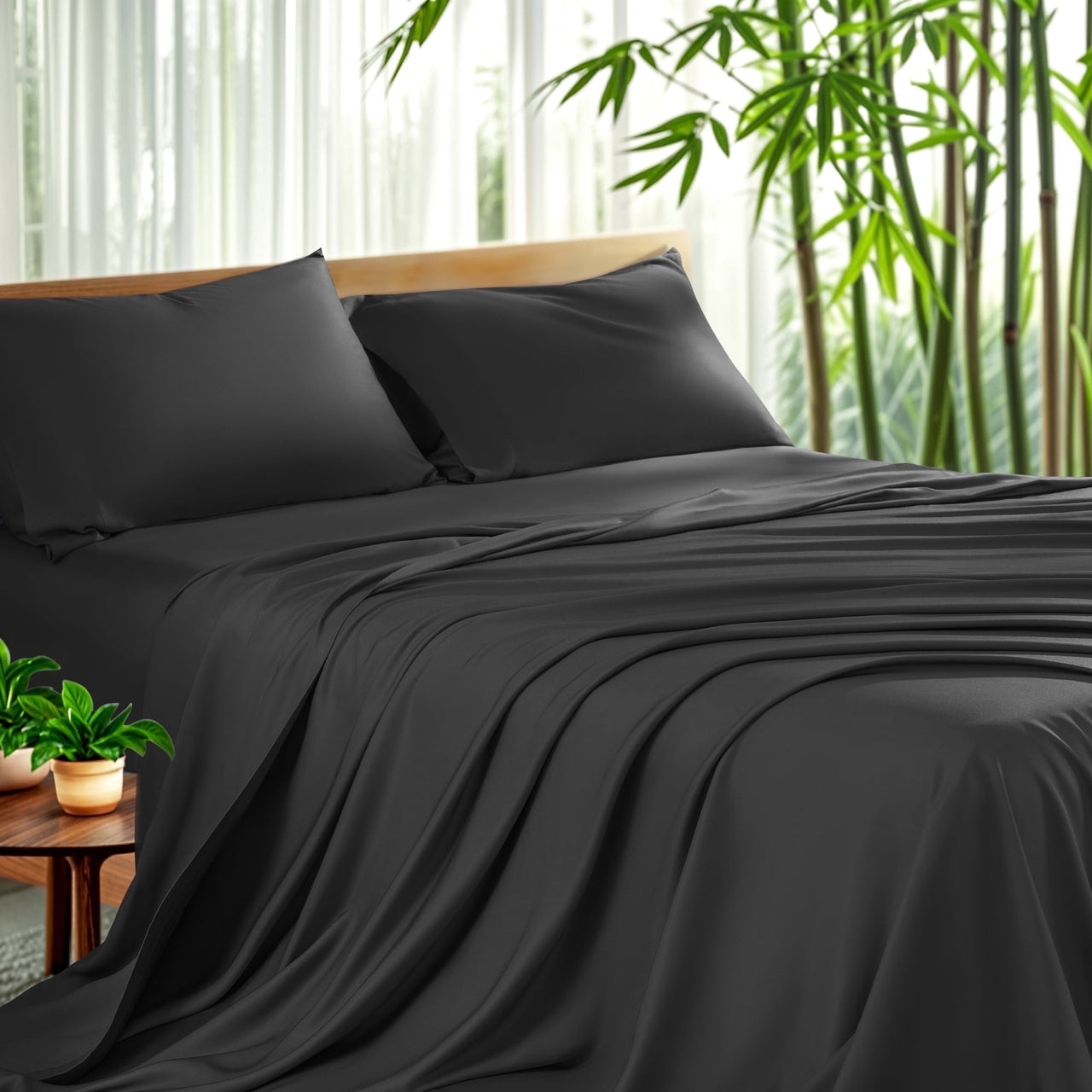 Sonoro Kate Luxury Bamboo Bed Sheet Set - Deep Pockets - 4 Piece, Queen, Dark Gray