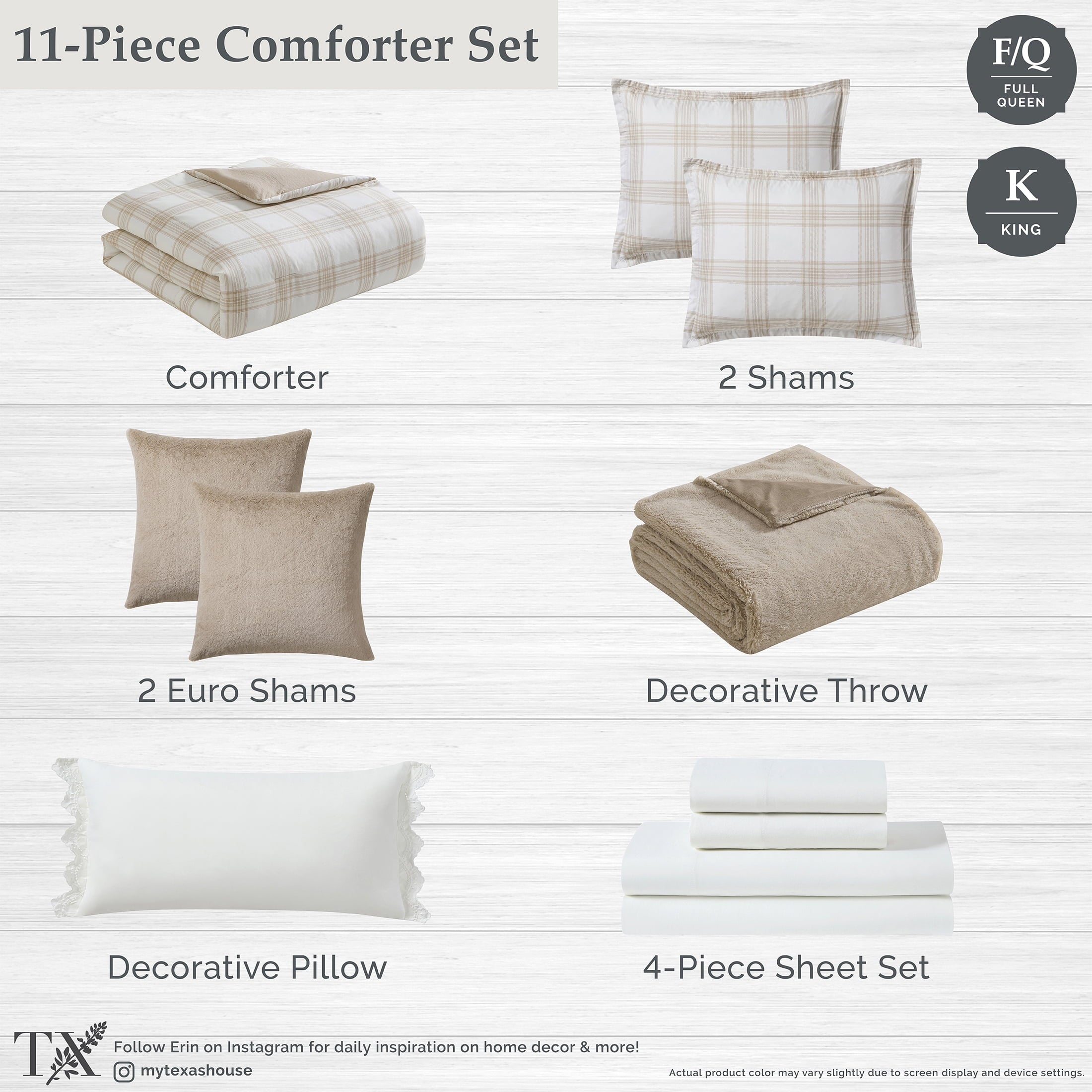 My Texas House Plaid 11-Piece Comforter Set with Sheets, Taupe, Queen
