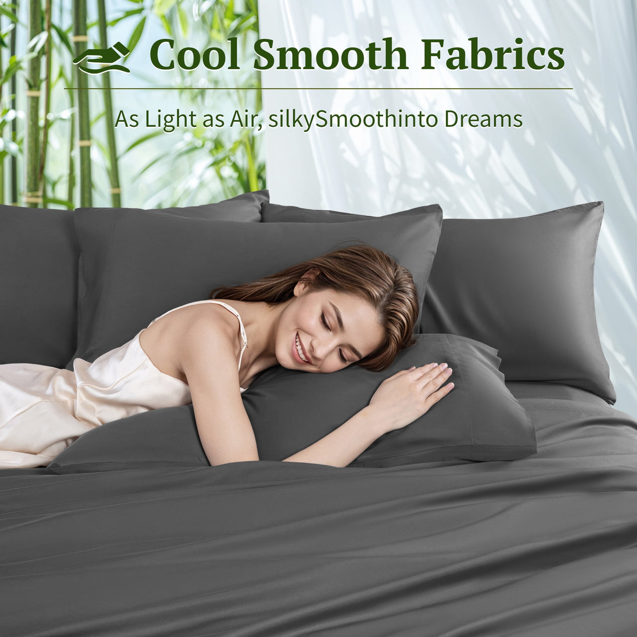 SONORO KATE 6 Pieces Bamboo Bed Sheets Set, Luxury Rayon Derived - Deep Pockets - Wrinkle Free - Extremely Soft, Queen, Dark Gray