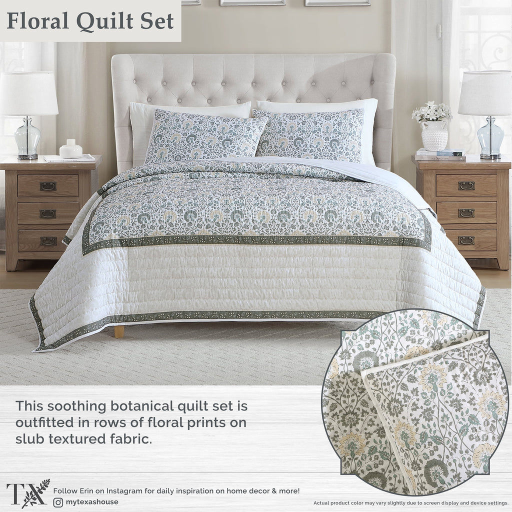 My Texas House Full/Queen Quilt Set, All-Season, 3-Piece, Sage Capri Jacobean Floral