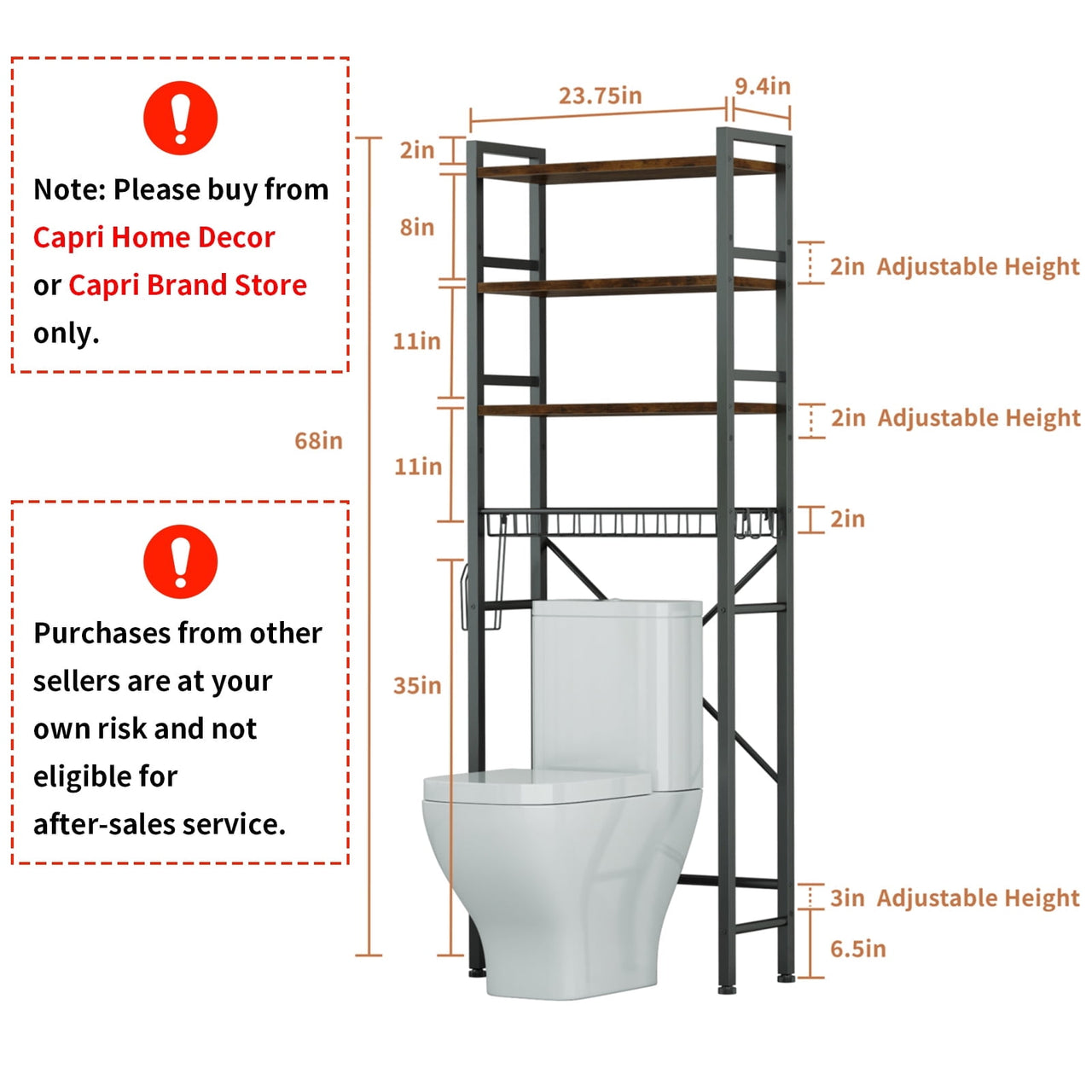 Capri Over The Toilet Storage Shelf, 4-Tier Freestanding Bathroom Organizers and Storage, above Toilet Space Saver Rack with Adjustable Shelves, Toilet Paper Holder and 9-Hooks, Rustic Brown