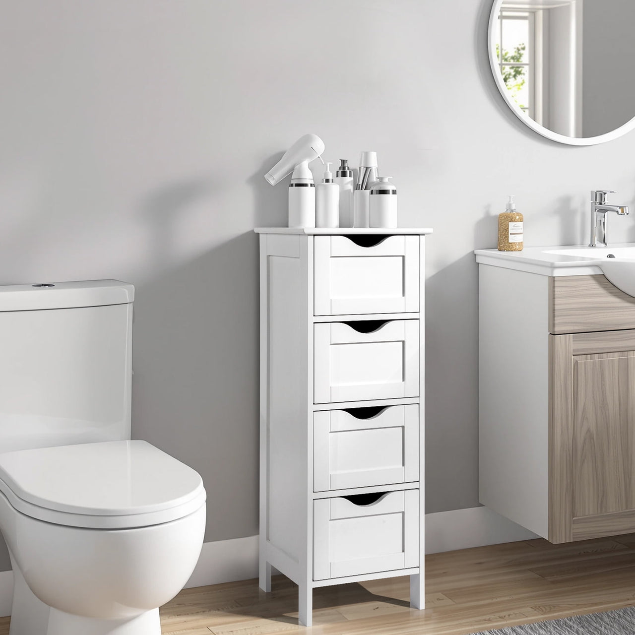 Ktaxon Bathroom Floor Storage Cabinet with 4 Drawers, Small Cabinet for Bedroom Kitchen, MDF White