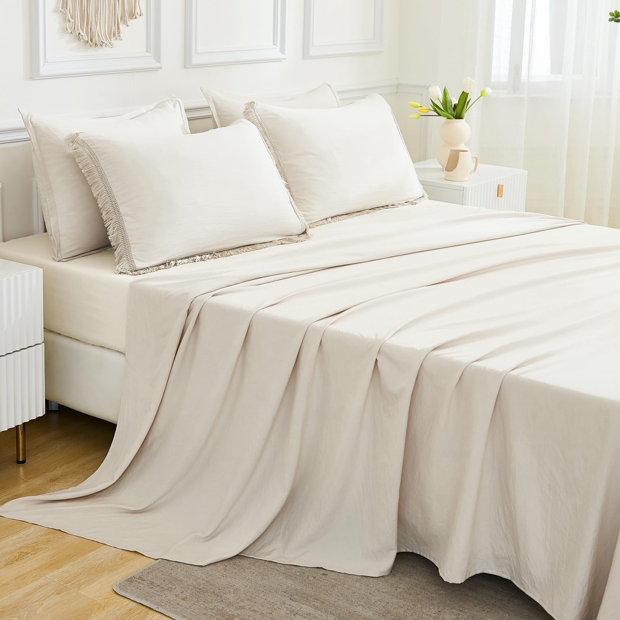 Andency King Size Comforter Sets Beige - 7 Pieces Bed in a Bag Soft Fluffy Bedding Comforter Sets for King Size Bed - Lightweight Cream Boho Tassel Bed Set with Comforter, Sheets, Pillowcases & Shams