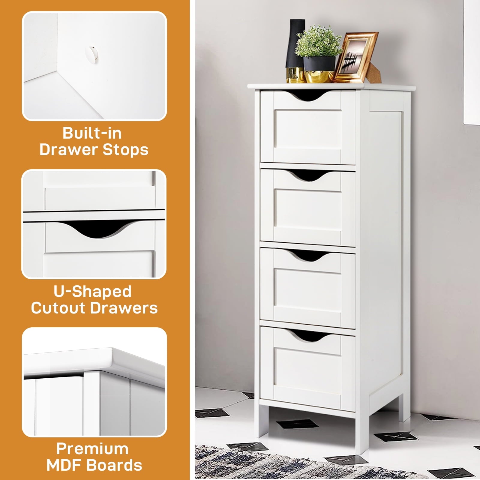 Ktaxon Bathroom Floor Storage Cabinet with 4 Drawers, Small Cabinet for Bedroom Kitchen, MDF White