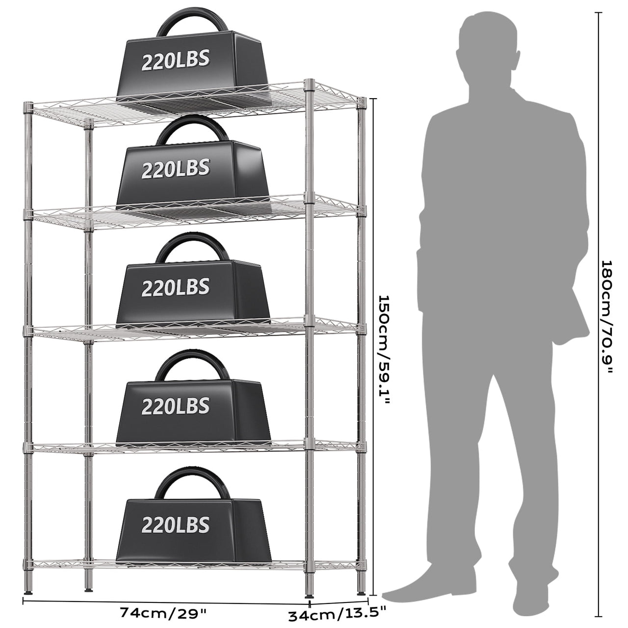 Ktaxon 5-Tier Wire Shelving Unit, Steel Storage Rack for Garage Office Kitchen Silver, 30" W x 14" D x 60" H